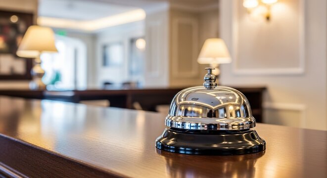 A polished chrome service bell sits on a dark wooden reception counter within a blurred hotel lobby setting, illuminated by warm indoor light, service, bokeh, shiny