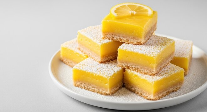 A plate of freshly baked lemon bars featuring a bright yellow citrus curd filling and a golden shortbread crust dusted with powdered sugar, plate, confectioners sugar, square
