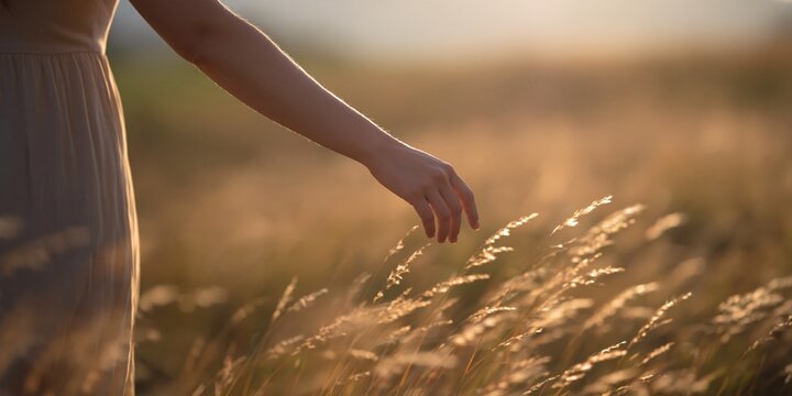Woman's hand gliding through feather grass at sunset in nature capturing serenity and connection