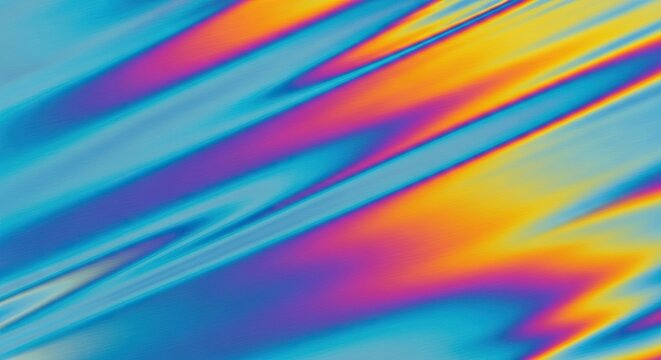 A smooth polished metal surface features a vibrant iridescent sheen with soft blurred textures and flowing holographic color gradients, color, iridescent, sheen