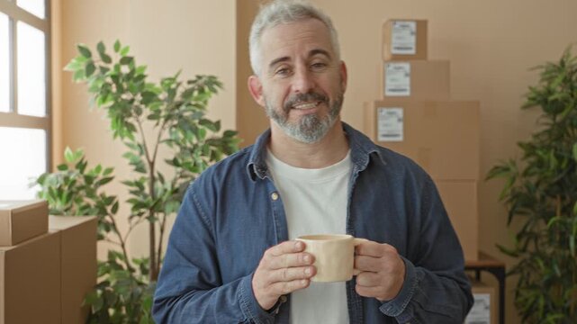 Man holding coffee mug with both hands in building packing area surrounded by stacked shipping boxes, window light and a potted plant, wearing denim shirt and smiling; calm.