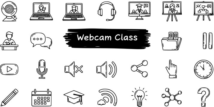 Online Education Webcam Class Doodles Icons Set. Hand-drawn Black and White Line Art Symbols for E-learning, Remote Study, and Video Conferencing Interface.