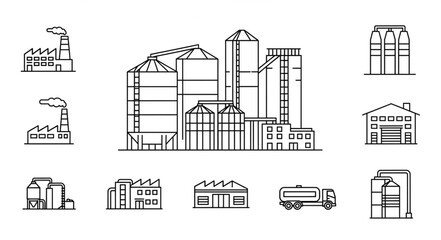 Industrial Buildings and Silos Collection Line Art. © Siala Ban