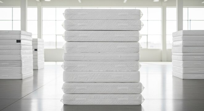 A tall stack of high-quality white mattresses sits organized in a bright warehouse space, prepared for transport and residential delivery, sleep, moving, transport