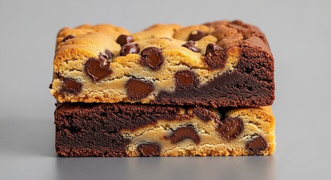 A thick brookie slice showcasing distinct layers of fudgy chocolate brownie and golden chocolate chip cookie dough on a neutral surface, delicious, snack, homemade