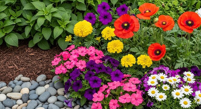 A vibrant flower bed featuring a variety of colorful blossoms arranged in a lush garden setting with mulch, stones, and green foliage, landscape design, gardening, colorful