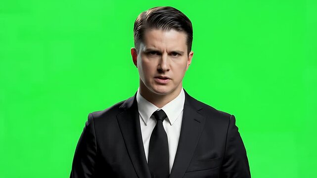 Serious professional man in black suit on green screen background, looking directly at camera