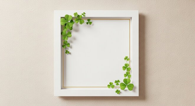 An elegant white square frame featuring a thin minimalist gold border and delicate green clover accents on a soft textured background, mockup, fortune, green