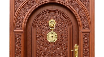 Obraz premium Close-up of a sophisticated dark mahogany door featuring hand-carved floral patterns and polished brass hardware in a grand arched frame, artistic, wood, mansion