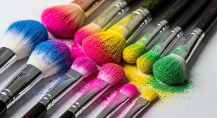 Fototapeta premium Close-up of soft makeup brushes dusted with vibrant cosmetic pigments, emphasizing artistic textures and high-end design in beauty tools, macro, shimmer, arrangement