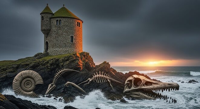 Ancient stone tower perched on a jagged cliff overlooking a stormy sea, where massive prehistoric fossils are embedded in the rocks below, stone, mysterious, background
