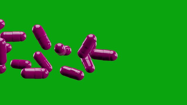 High-quality 3D render of purple medicine capsules or pills falling through the air. Isolated on a green screen background for chroma key use in pharmaceutical or healthcare videos.