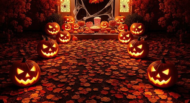 Carved lanterns illuminate a mysterious path through crunchy autumn leaves as treats wait on a decorated doorstep during a spooky night, suburban, atmosphere, shadows
