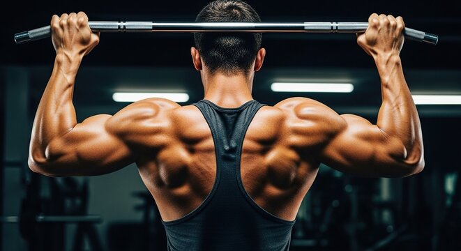 Close-up of powerful back muscles and defined arms gripping a metal pull-up bar during an intense upper body workout in a dark gym setting, cinematic, shoulders, sport