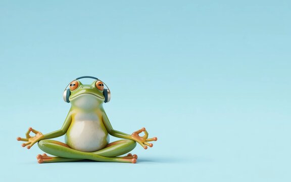 Calm cartoon frog practicing yoga while wearing headphones