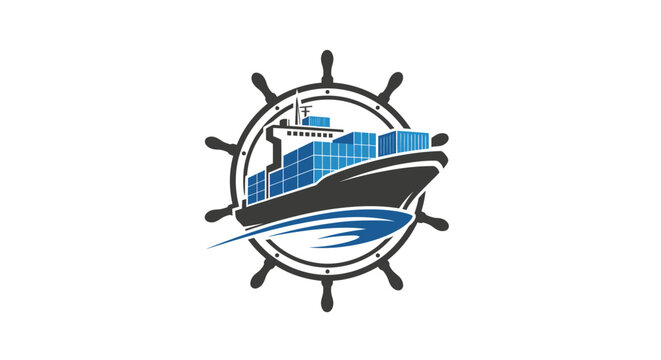 Cargo Ship and Ships Wheel Logo Design.
