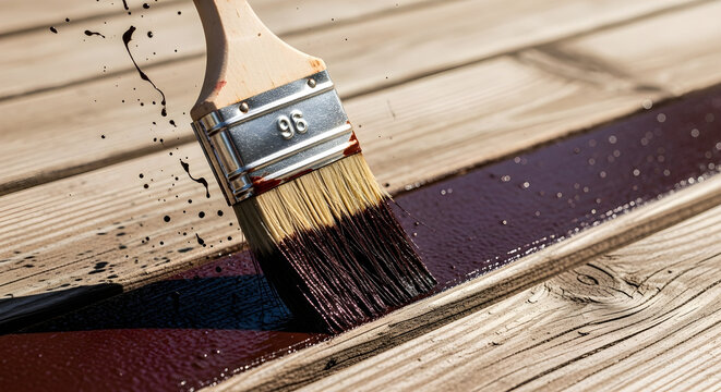 Paintbrush applying dark wood stain to outdoor deck planks - home renovation and DIY project