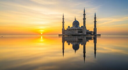 Obraz premium Serene view of a coastal mosque with majestic domes and minarets reflecting on calm sea water during a vibrant golden sunrise at dawn, prayer, golden, historic