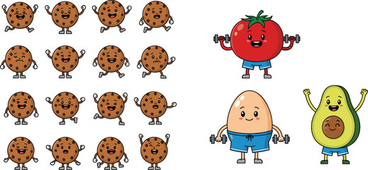 Obraz premium Cute cartoon food characters exercising with dumbbells, funny healthy lifestyle concept featuring cookie, tomato, egg and avocado fitness illustrations set