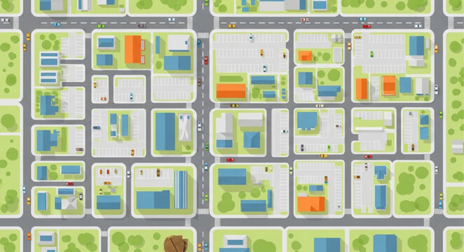 Aerial View of a City Grid with Buildings and Streets.