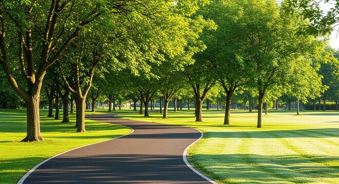Sinuous asphalt track curves through a lush green public park surrounded by vibrant trees and fresh grass under a bright morning sunlight, pathway, walking, curve