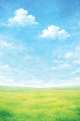 Naklejka premium blue sky green fields watercolor background