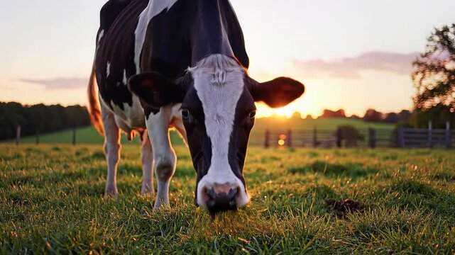 A Holstein cow grazes peacefully in a field at sunset.