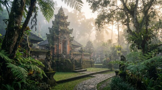 Ancient temple nestled in lush jungle mist at sunrise, evoking tranquility and spirituality.