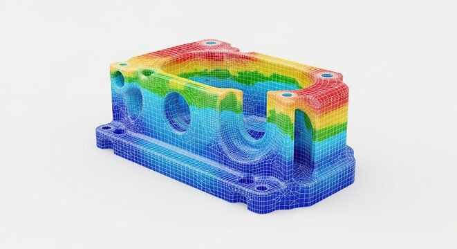 Three dimensional digital model of a mechanical part showing a finite element analysis mesh with color gradient on plain white background, vertices, finite element method, stress