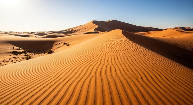 Towering ripples of orange sand extend to the horizon under a bright sun, creating a vast wilderness of heat, light, and natural patterns, earth, dunescape, tranquility