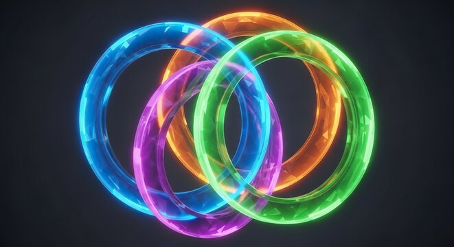 Translucent glowing rings overlap in a vibrant display of abstract geometry, illustrating the harmonious intersection of diverse viewpoints, fusion, layers, balance