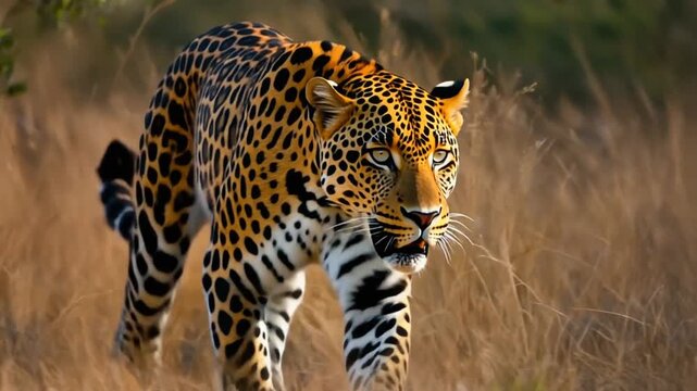 Leopard walking through dry savannah grass. Wild cat prowling in natural habitat. Spotted predator stalking prey during golden hour. Static camera shot of wildlife. Close up.