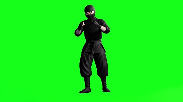 A detailed 3D rendering of a black-clad ninja warrior in a martial arts fighting stance, isolated on a bright chroma key green background. Ideal for video editing overlays, action game assets, martial