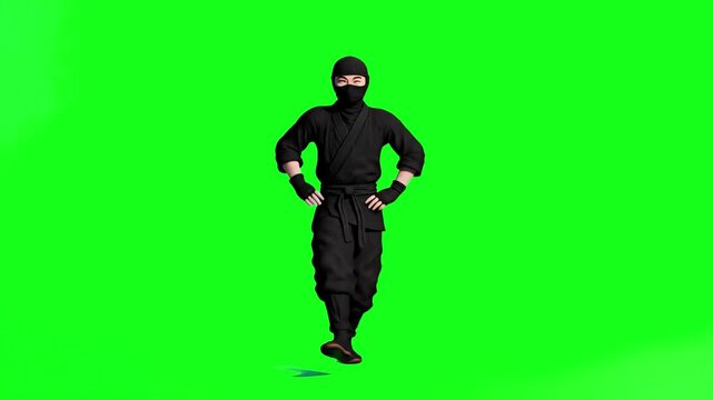 A friendly 3D ninja character in a black shinobi outfit performing a rhythmic dance. Isolated on a green screen for chroma key compositing in action or comedy projects.