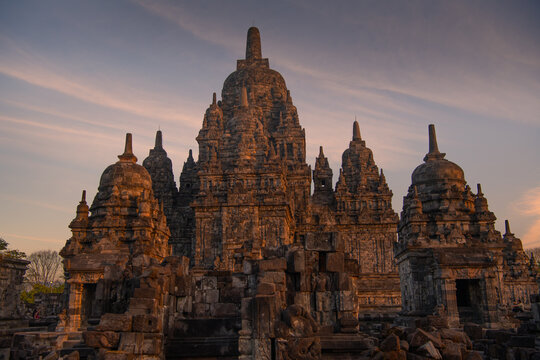 Ancient Sewu Temple Complex in Warm Morning Light, Central Java Indonesia. Historic stone temples of Sewu Temple complex illuminated by warm morning sunlight in Central Java, Indonesia