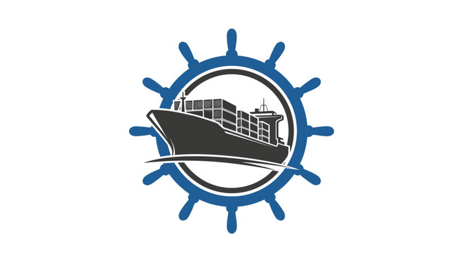 Container Ship Sailing Through Nautical Wheel Emblem.