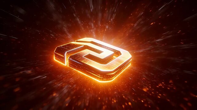 Glowing letter G logo with fire particles and dark background in 3D style