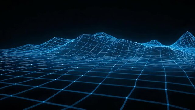 Blue wireframe digital mountain landscape