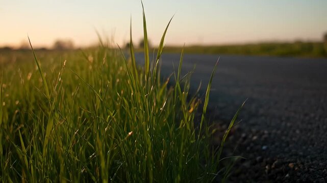 Blades of grass illuminated by the setting sun near a road