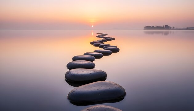 Stepping stones cross calm water surface at sunset. Serene pathway leads toward horizon as sun sets over still ocean. Peaceful journey ahead towards new dawn. serene Natural Journey & Personal Growth
