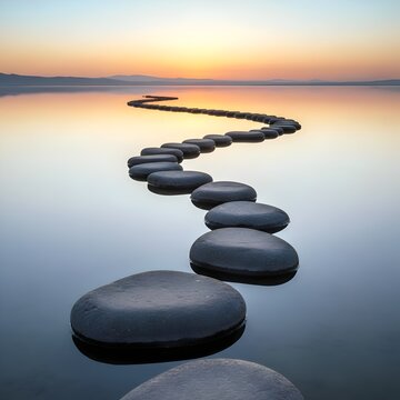 Stepping stones cross calm water surface at sunset. Serene pathway leads toward horizon as sun sets over still ocean. Peaceful journey ahead towards new dawn. serene Natural Journey & Personal Growth