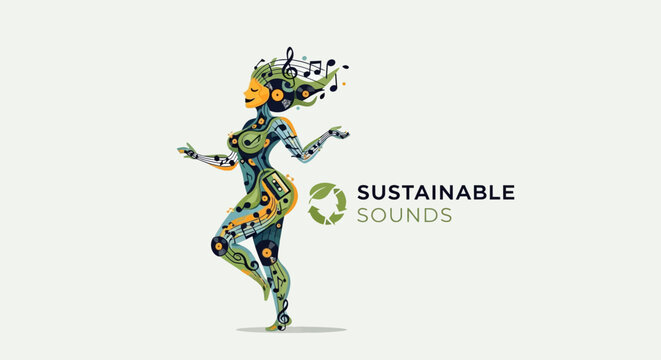 Artistic depiction of a dancing woman with musical notes and sustainable design.