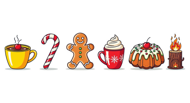 Collection of festive holiday treats including hot chocolate candy cane gingerbread man cake candle