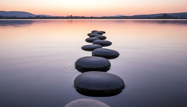 Stepping stones cross calm water surface at sunset. Serene pathway leads toward horizon as sun sets over still ocean. Peaceful journey ahead towards new dawn. serene Natural Journey & Personal Growth