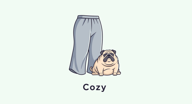 Adorable Pug Dog Relaxing Beside Comfortable Gray Sweatpants.