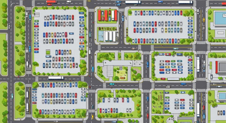 Aerial View of a Busy Urban Commercial District with Parking Lots. © Siala Ban