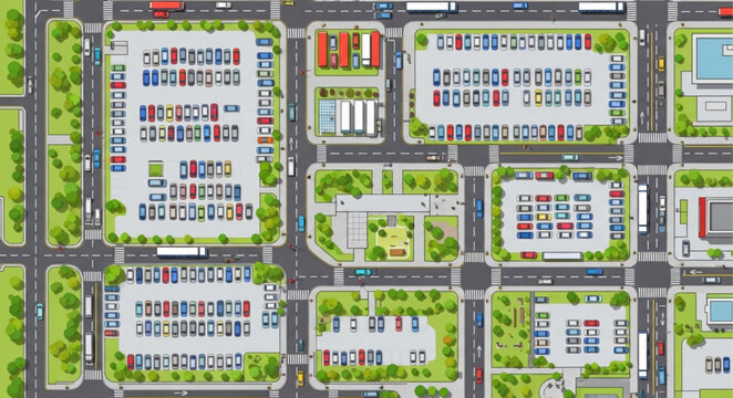 Aerial View of a Busy Urban Commercial District with Parking Lots.