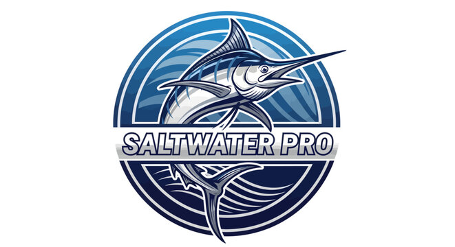 Dynamic Saltwater Pro logo featuring a powerful marlin in a circular design.