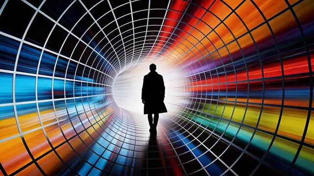 Person silhouette walking in futuristic grid tunnel with color transition