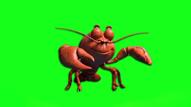 A funny 3D lobster character with large claws, dancing and showing a welcoming expression, isolated on a green screen for chroma key use.
Tags: